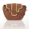 Toffee brown crossbody bag with gold trims and detachable strap.  Flap of the bag has panel work.